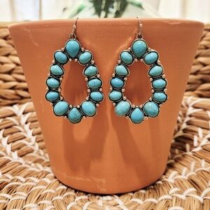 Western Turquoise Stone Blossom Teardrop Earrings New